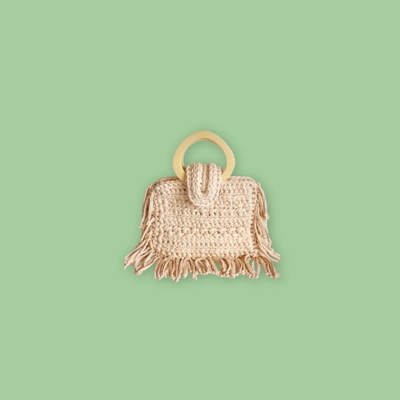 Beige Cream Crochet Handbag, Large Bohemian Hand Woven Bag with Fringe, Macrame Rope Bag