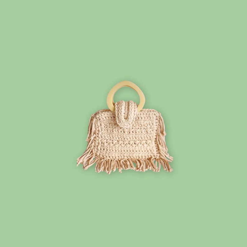 May include: A beige crocheted bag with a wooden handle and fringe detailing. The bag is on a light green background.