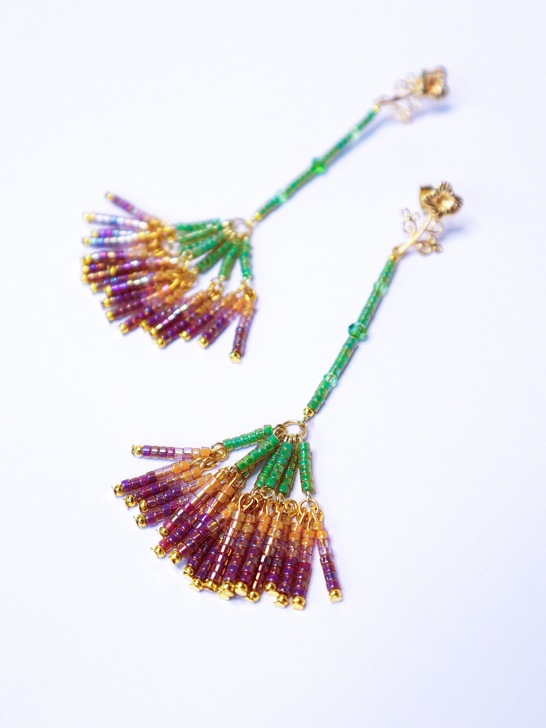 Extra Long Beaded Dangles, Green Purple Gradient Chandelier