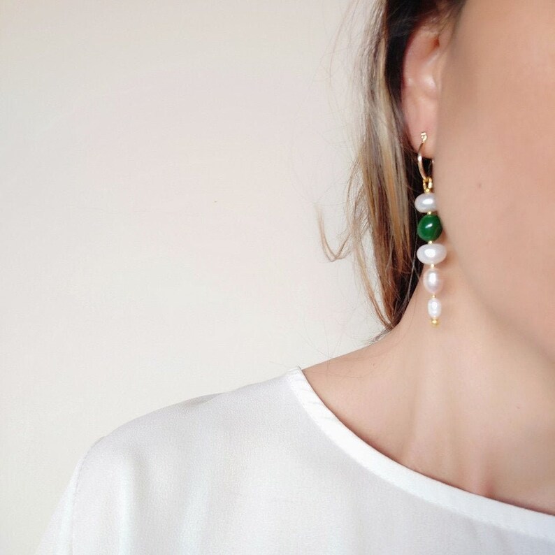 18k Gold Filled Hoops Freswater Pearls Earrings Green Jade image 0