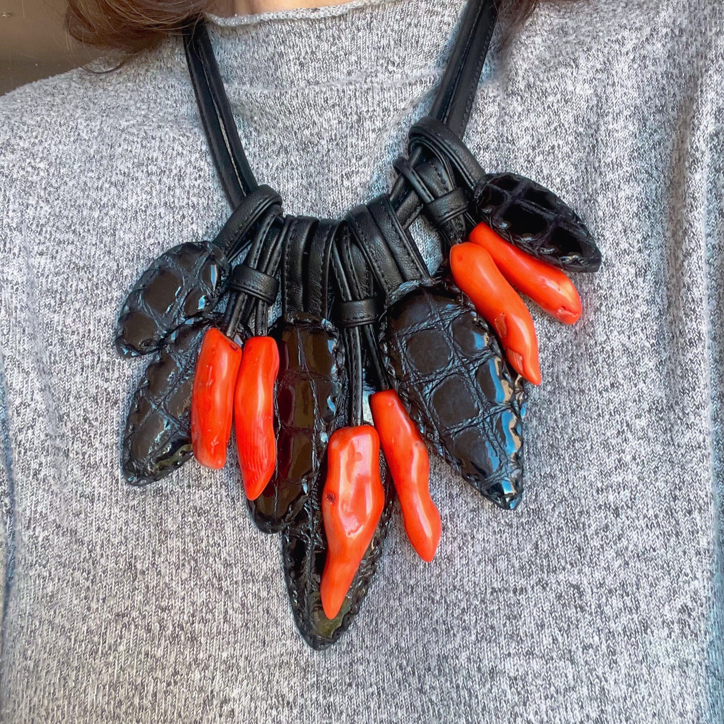 Chunky Red Coral Necklace | Tribal Black Leather Bib Statement | Unique Boho Geometric Jewelry for Women