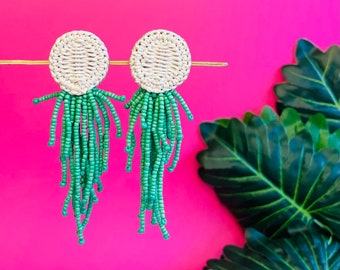 Long Green Beaded Statement Earrings, Unique Macrame Earrings, Oversized Drop Earrings, Boho Chandelier Earrings, Bead Tassel Earrings