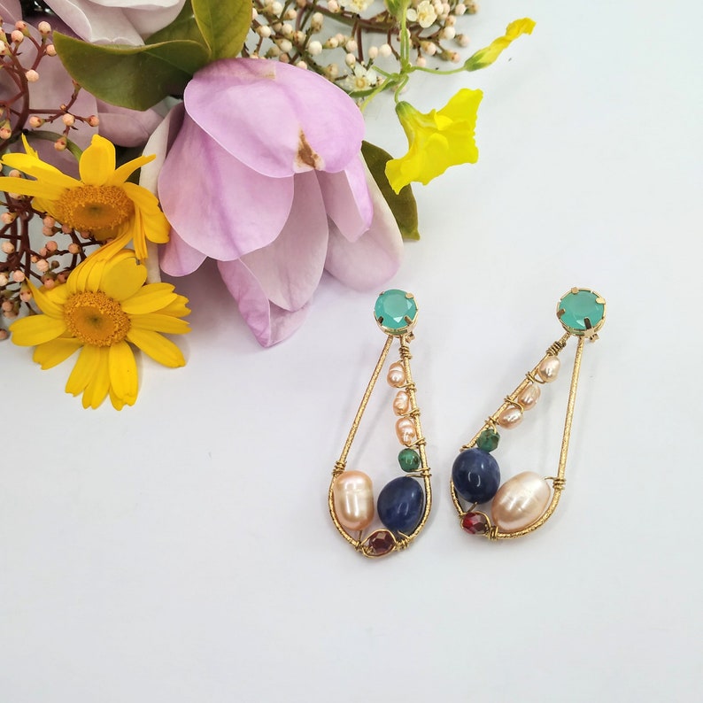 Bridal Pearl Drop Earrings, Gold Hoop Earrings for Women, Baroque Pearl and Lapis Lazuli Gemstone Earrings, Teardrop Pearl Earrings Wedding image 4