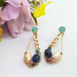 Bridal Pearl Drop Earrings, Gold Hoop Earrings for Women, Baroque Pearl and Lapis Lazuli Gemstone Earrings, Teardrop Pearl Earrings Wedding image 3