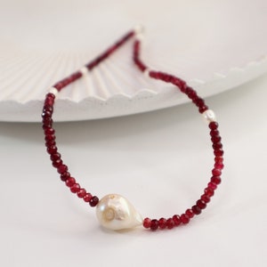 Dainty Genuine Freshwater Pearl Necklace in Sterling Silver, Ruby Gemstone Beaded Statement Fresh Water Pearl Choker Necklace, Gifts for her image 2