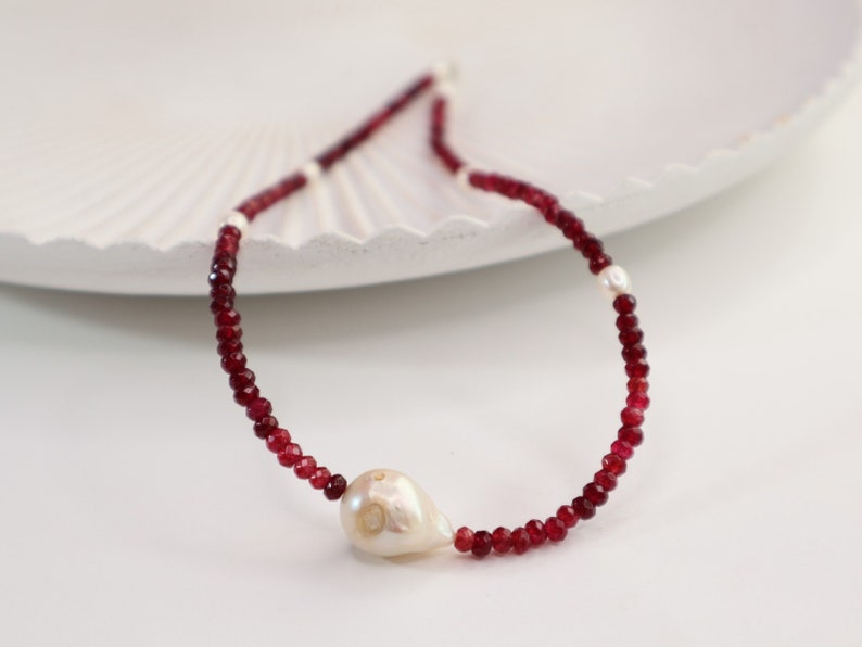 Dainty Genuine Freshwater Pearl Necklace in Sterling Silver, Ruby Gemstone Beaded Statement Fresh Water Pearl Choker Necklace, Gifts for her image 2