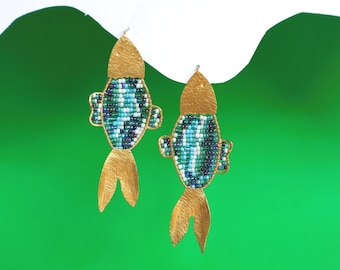 Large Sardine Hook Earrings, Gold Wire Wrapped Blue & White Beaded Fish Jewelry