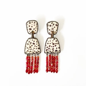 Large Red Crystal Drop Earrings, Animal Print Cork Earrings, Beaded Leather Statement Dangle Chandelier Earrings, Oversized Earrings image 2