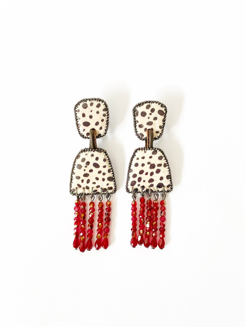 Large Red Crystal Drop Earrings, Animal Print Cork Earrings, Beaded Leather Statement Dangle Chandelier Earrings, Oversized Earrings image 2