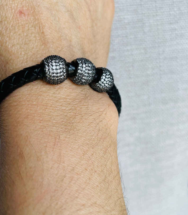 Leather Braided Cord Bracelet with CZ Pave Ball, Leather Bracelet with Black Silver Cubic Zirconia Charm, Dainty Leather Wrap Bracelet image 2