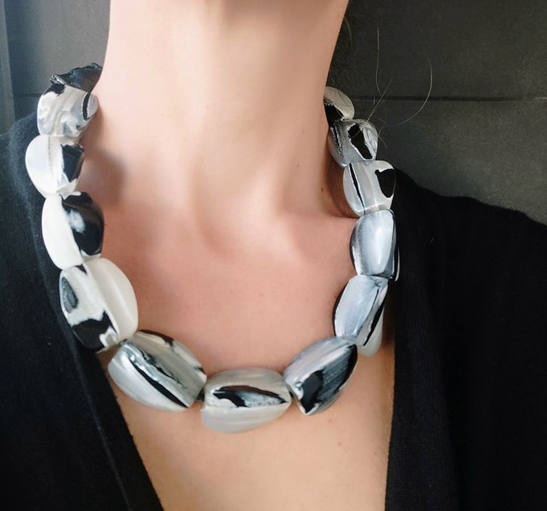 Black White Resin Necklace Statement Leather Statement image 8