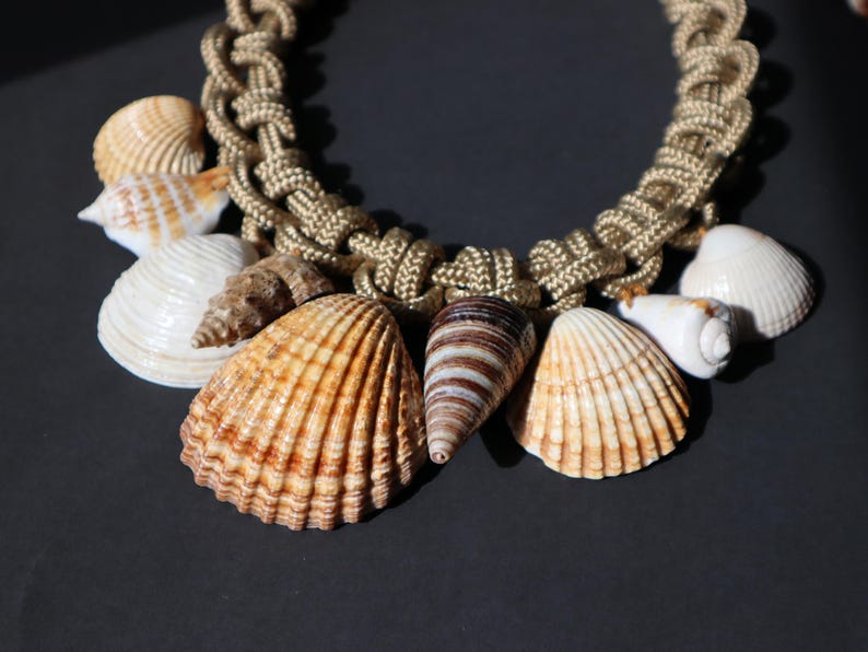May include: A gold rope necklace with various seashells attached. The shells are in shades of white, brown, and beige.