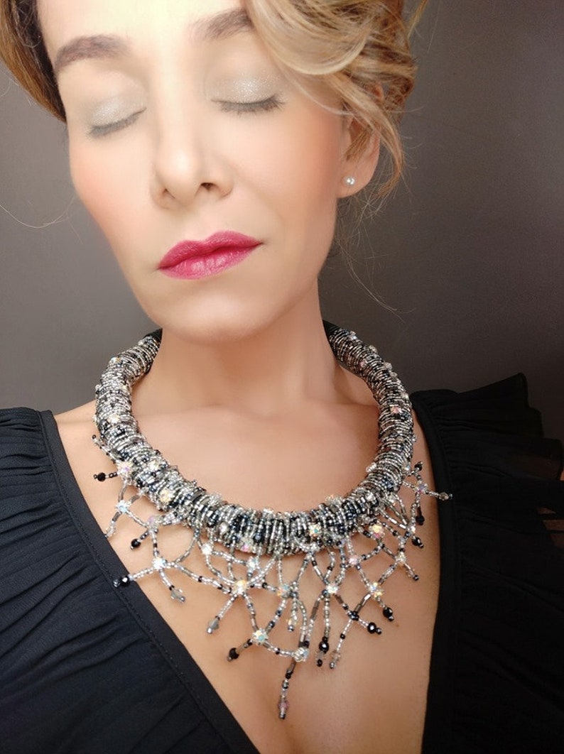 Necklace Gray Choker NecklaceEmbroidery Beads Necklace image 9