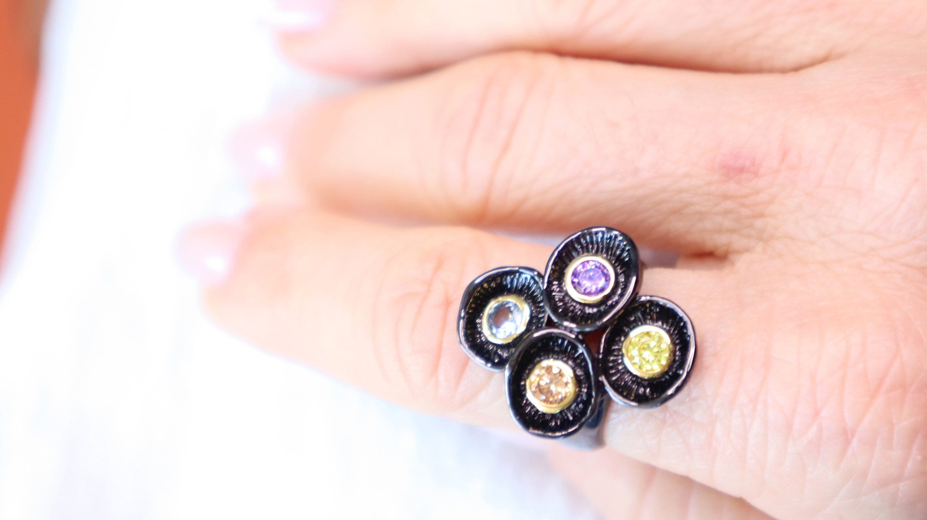 Black Gold Enamel Ring, Cubic Zirconia Copper Ring, CZ Dainty Ring, Gold Filled Ring, Geometric Statement Ring, Minimalist Crystal Ring