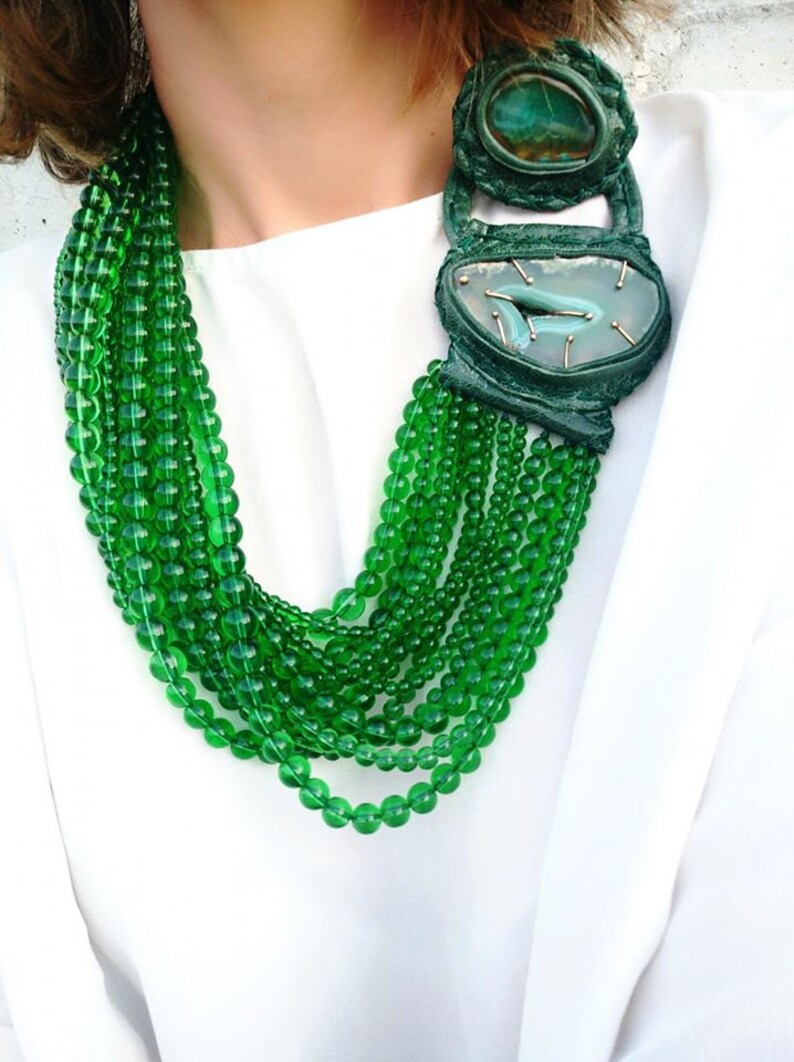 Green Beaded Statement Necklace Chunky Leather Necklace Glass image 7