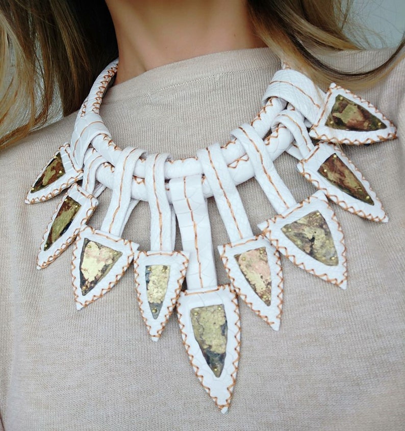 White Statement Leather Necklace Snake Leather Necklace image 0