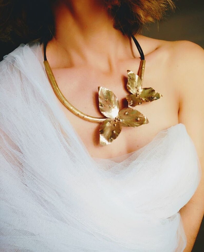 Handmade Gold Flowers Statement Necklace Brass and Leather image 0