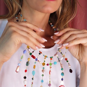Large Colorful Beaded Gemstone Pearl Necklace, Long Boho Lariat Bead Bib Necklace, Bohemian Jewelry, Tribal Necklace, Gifts for Her