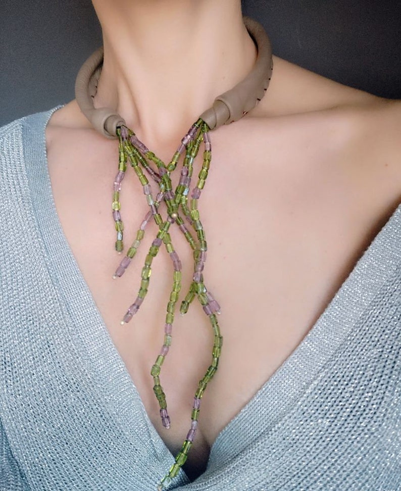 Czech Green Purple Beads NecklaceLeather ChokerStatement image 7