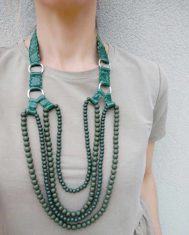 Brand New Statement Leather Necklace Green Ceramic Beads image 8