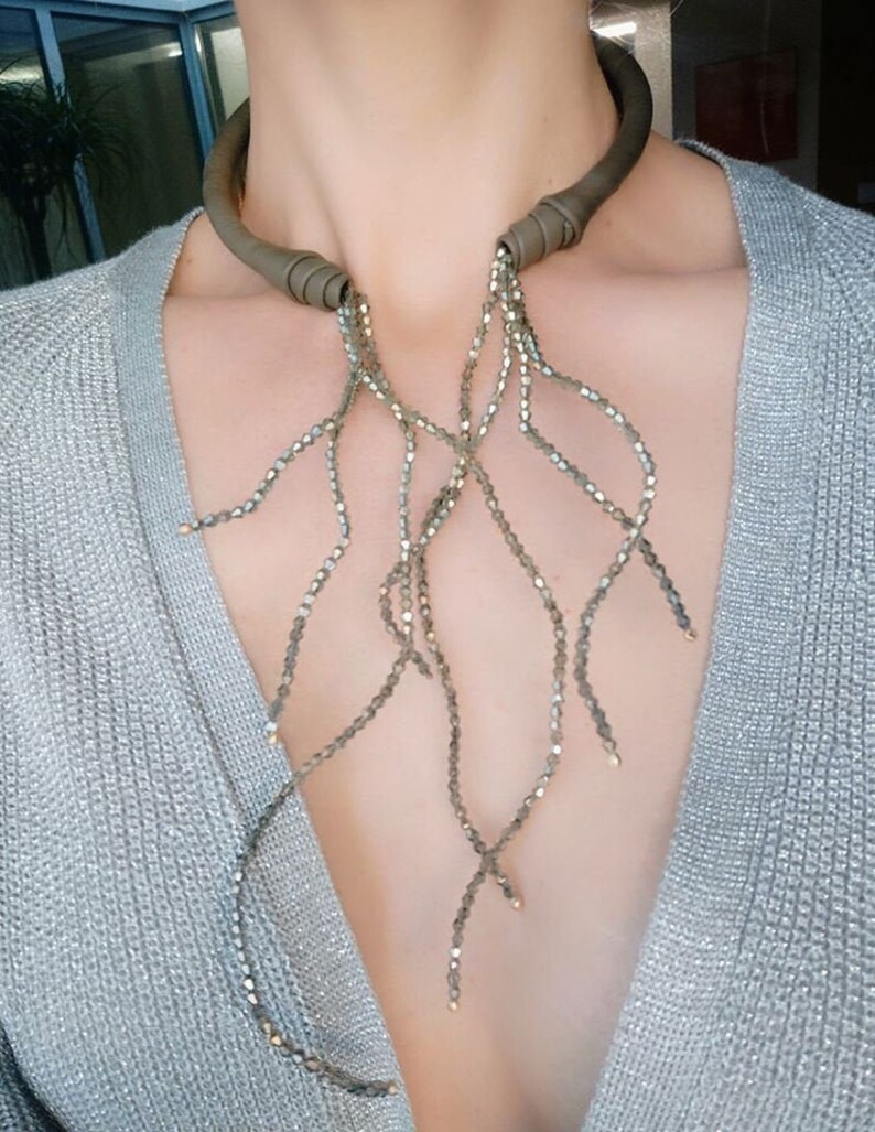 Necklace Olive Green Leather Choker Swarovski Bicone image 0
