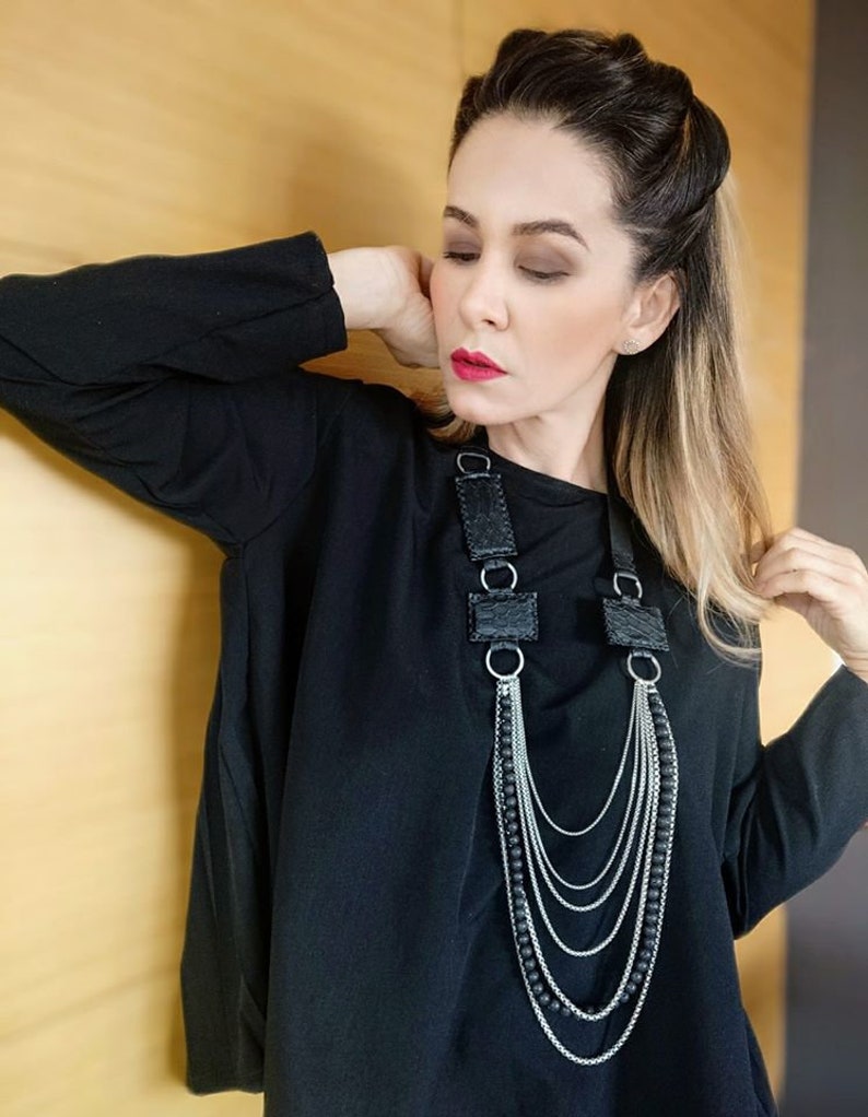 Long Statement Leather Chain Necklace Black Modern Necklace image 0