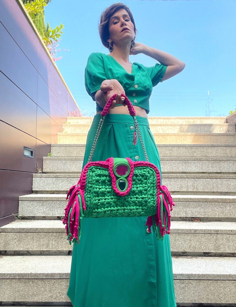 Pink & Green Crochet Handbag With Agate Stone Elegant Etsy