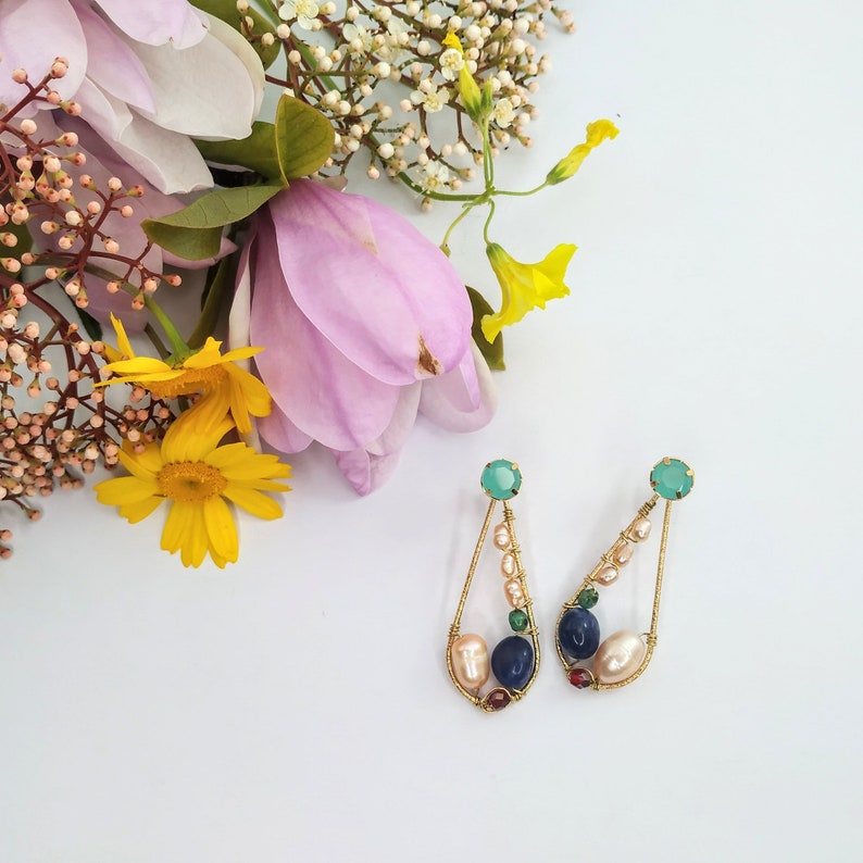 Bridal Pearl Drop Earrings, Gold Hoop Earrings for Women, Baroque Pearl and Lapis Lazuli Gemstone Earrings, Teardrop Pearl Earrings Wedding image 2