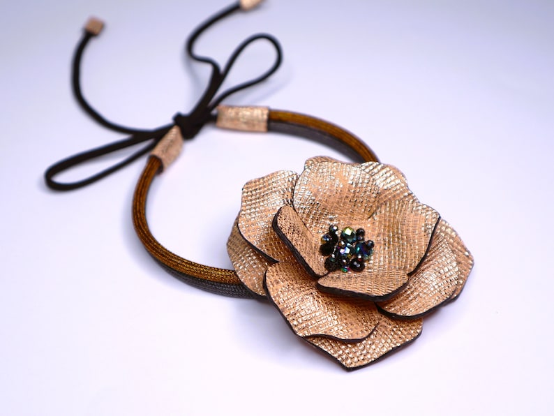 Big Gold Flower Choker Necklace with Crystal, Leather Floral Statement Collar Necklace, Large Flower Tie Necklace, Dainty Leather Jewelry image 1