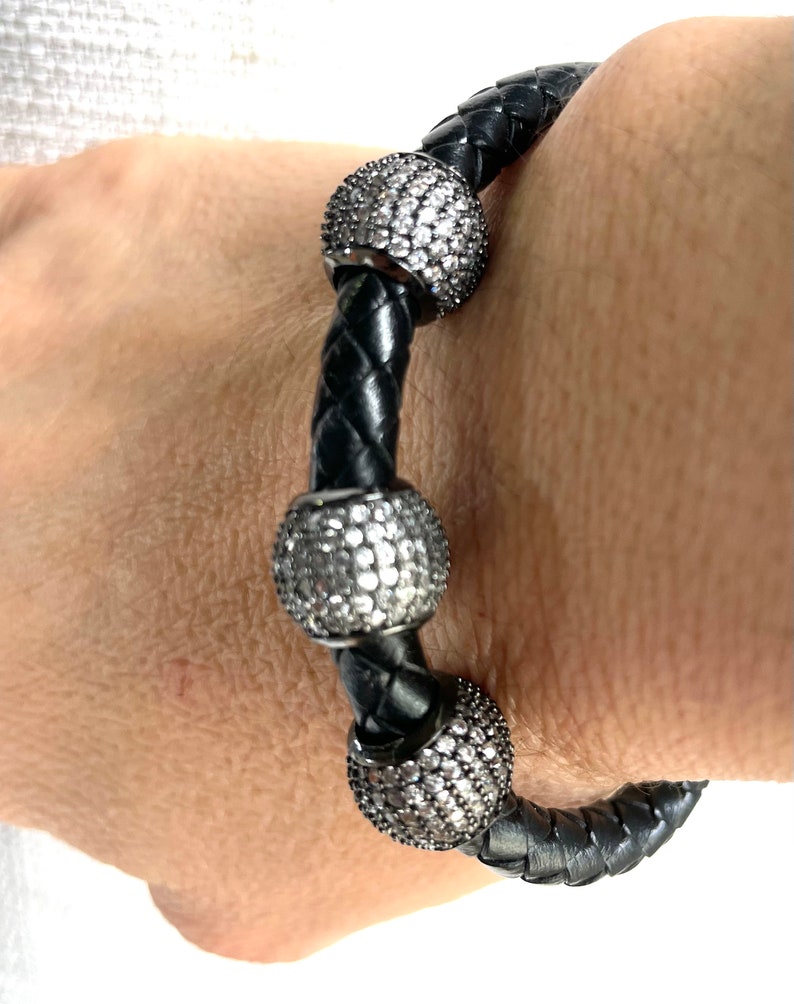 Leather Braided Cord Bracelet with CZ Pave Ball, Leather Bracelet with Black Silver Cubic Zirconia Charm, Dainty Leather Wrap Bracelet image 5