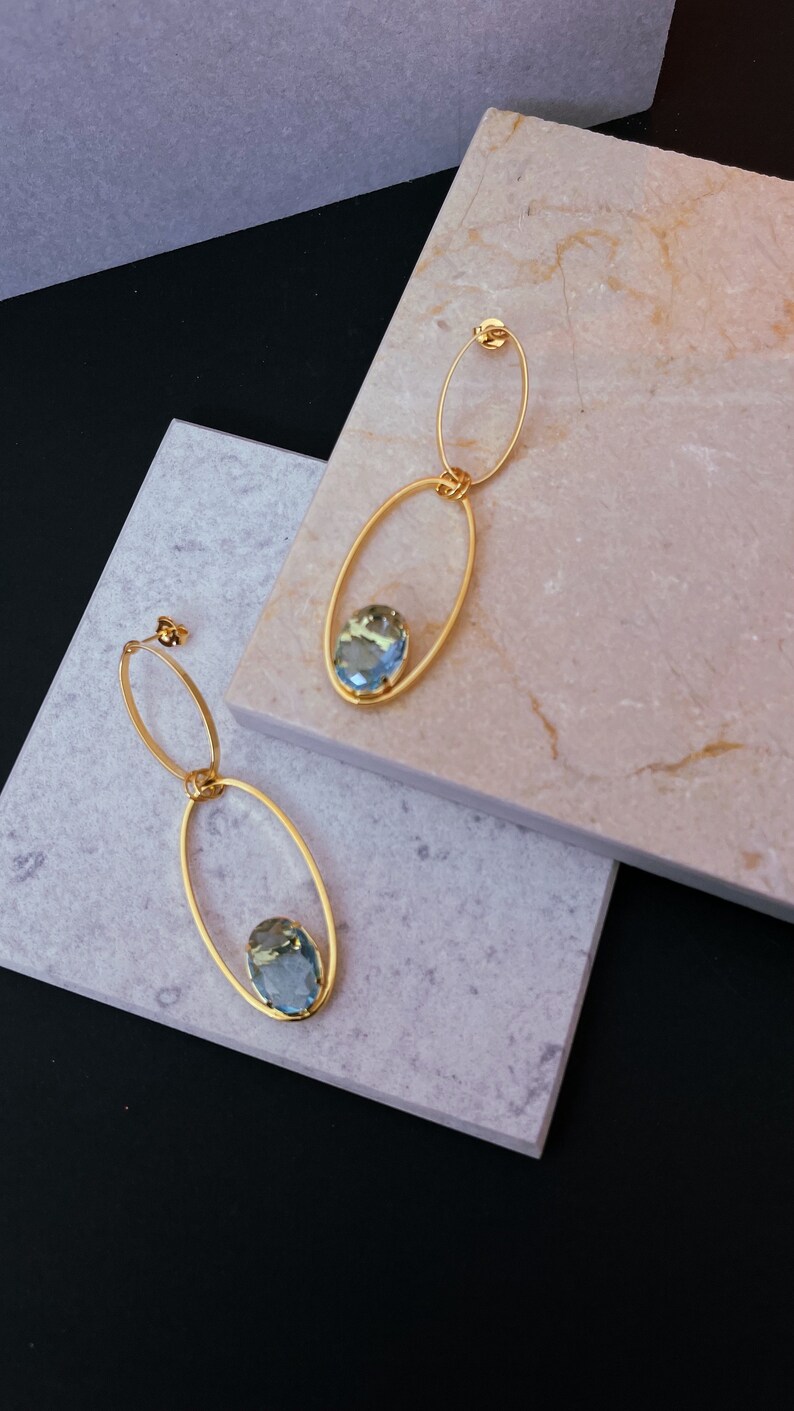 Gold Oval Dangle Earrings, Blue Crystal Drop Earrings, Minimalist 18k Gold Dainty Earrings, Statement Earrings, Wedding Jewelry image 7