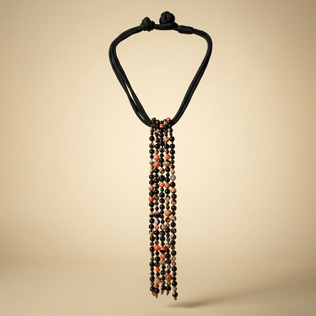Long Black Onyx Waterfall Necklace, Orange Fire Agate Statement Choker