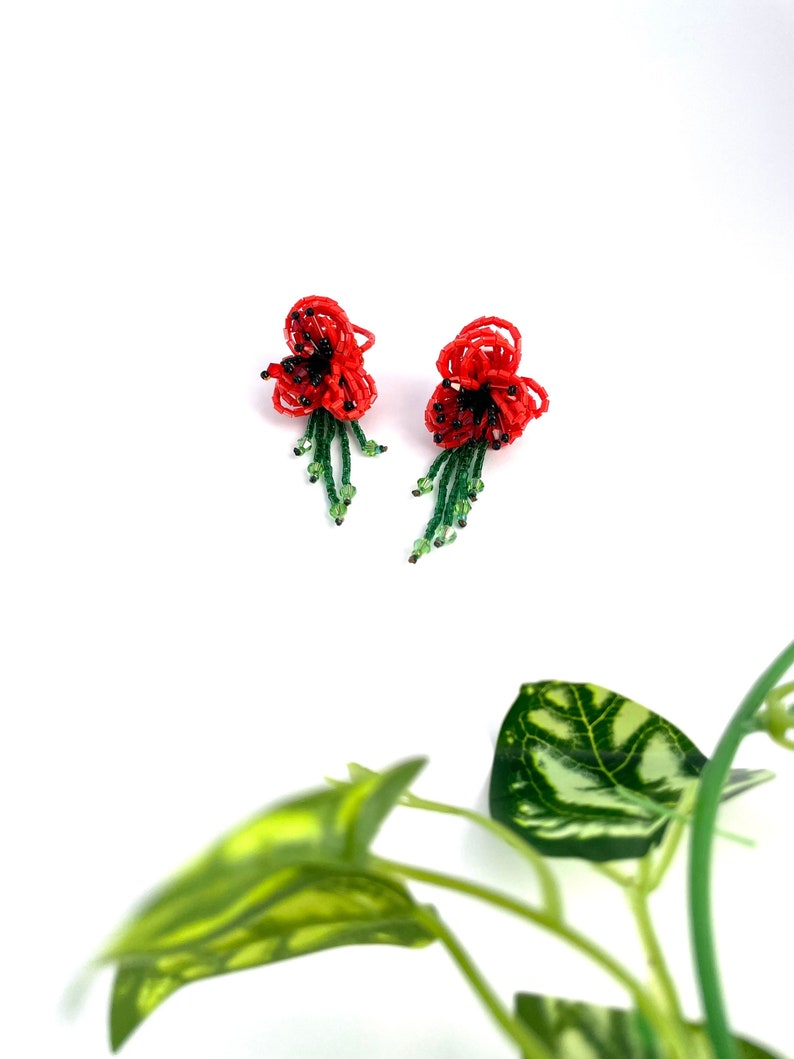 Long Red Flower Drop Earrings, Beaded Flower Statement Earrings, Unique Dainty Earrings, Oversized Earrings, Lightweight Dangle Earrings image 2