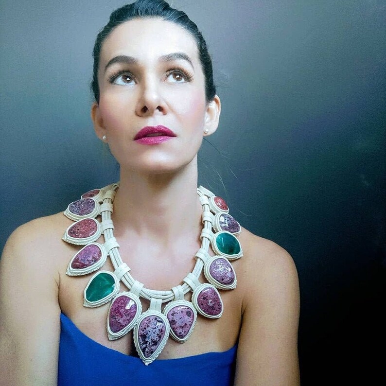 Statement Necklace Necklace Leather Pink Druzy Green image 0