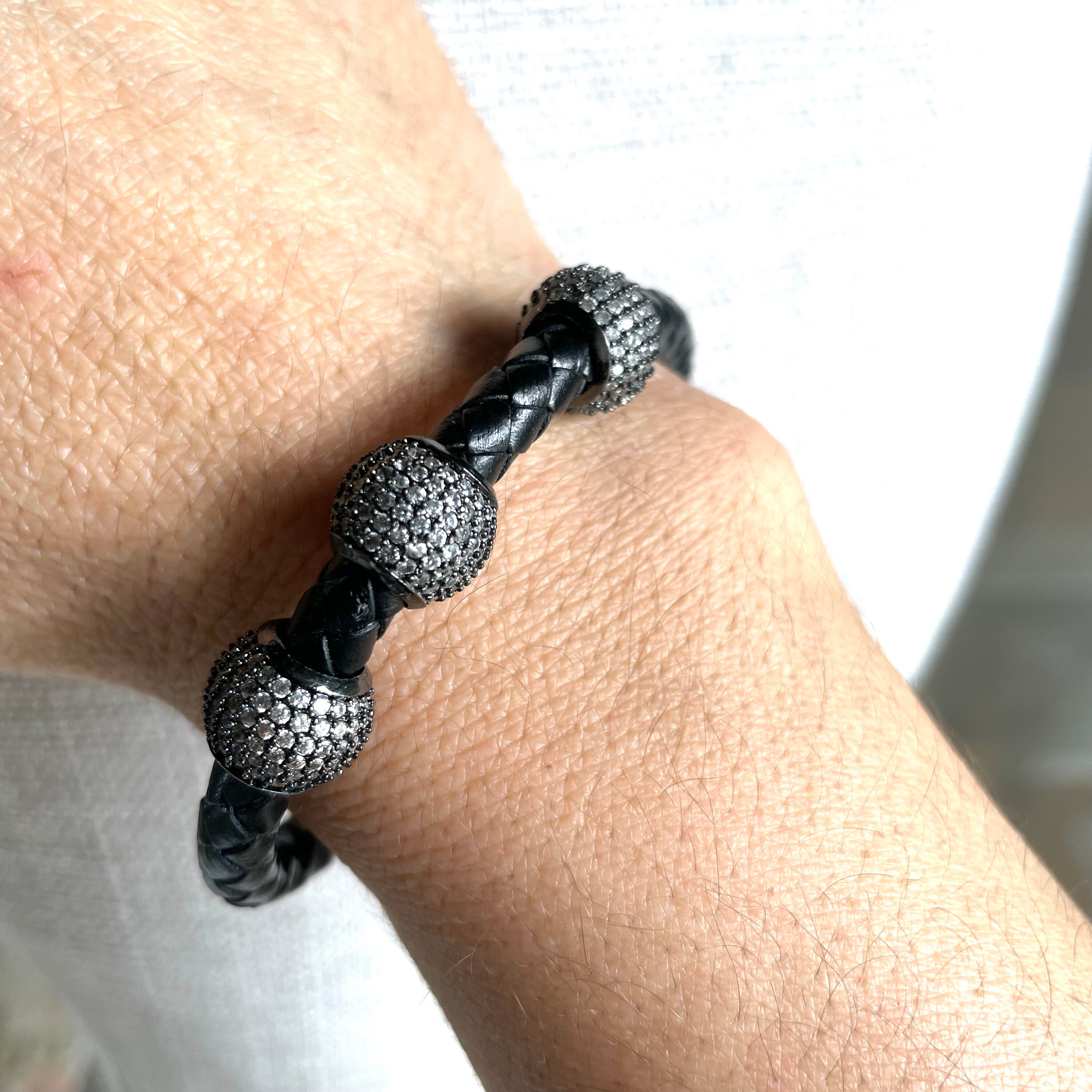 Leather Braided Cord Bracelet with CZ Pave Ball Bead, Leather Bracelet with Black Silver Cubic Zirconia Charm, Dainty Leather Wrap Bracelet
