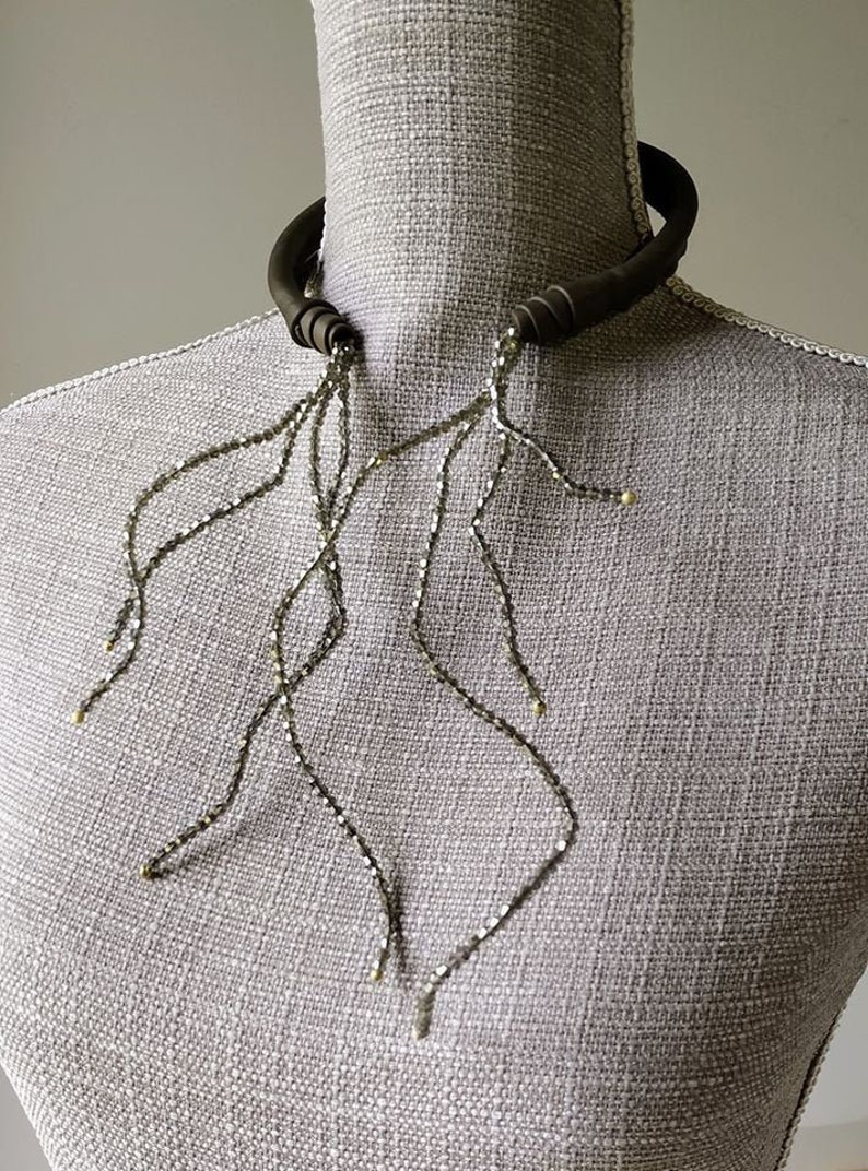 Necklace Olive Green Leather Choker Swarovski Bicone image 0