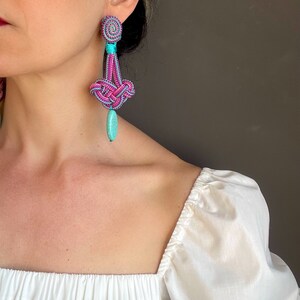 Long Celtic Knot Drop Earrings, Pink Purple Rope Earrings with Turquoise Howlite, Hand Embroidery Chandelier Earrings, Valentine's Day Gift image 6