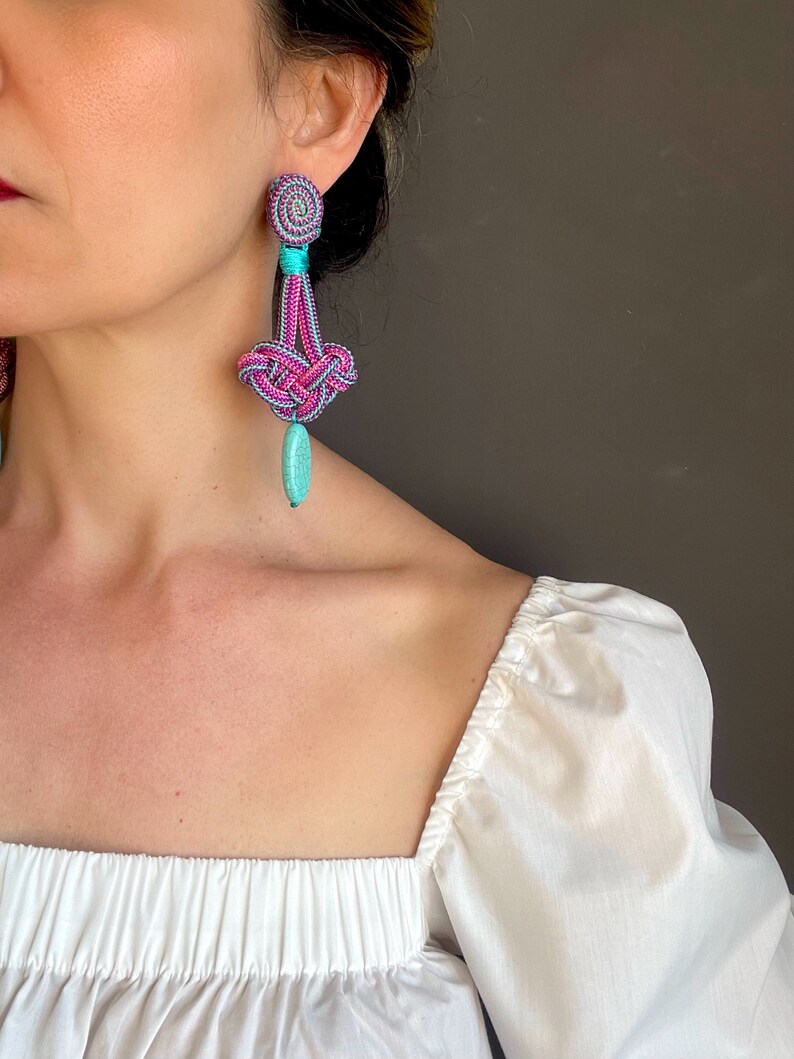 Long Celtic Knot Drop Earrings, Pink Purple Rope Earrings with Turquoise Howlite, Hand Embroidery Chandelier Earrings, Valentine's Day Gift image 6