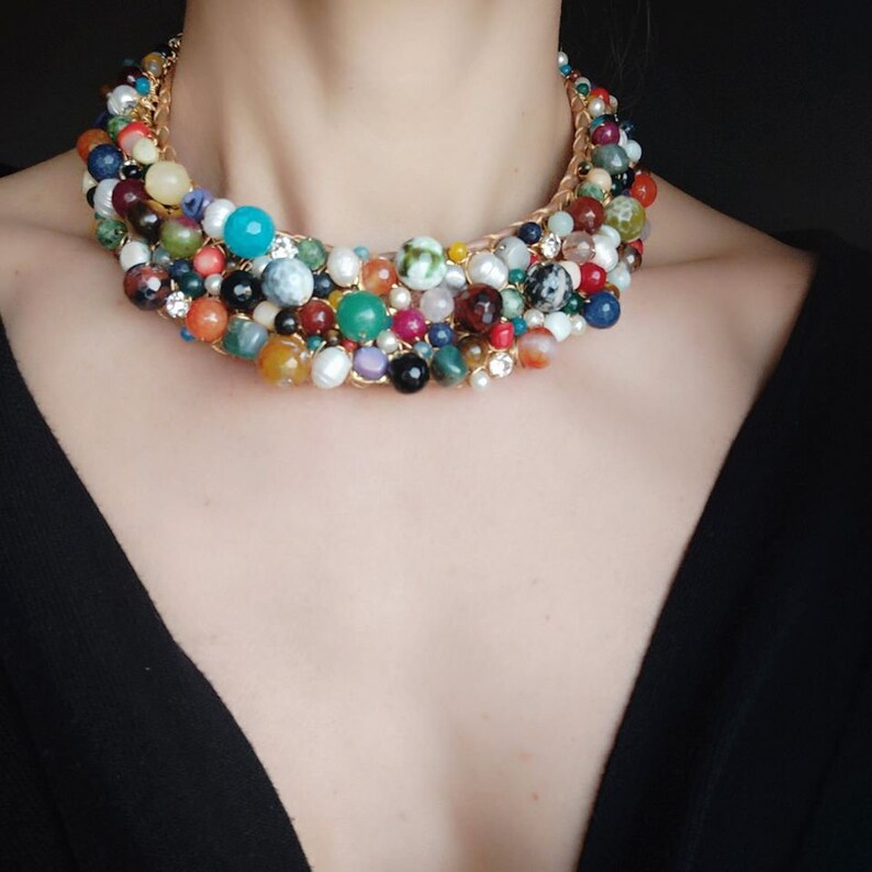 Gemstones Choker Necklace Wire Wrapped Necklace Leather image 9