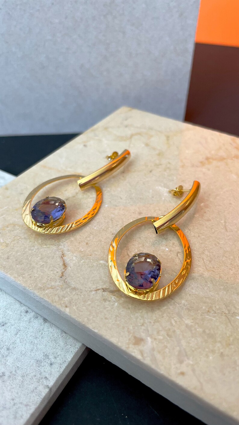 Gold Oval Dangle Earrings, Blue Crystal Zirconia Drop Earrings, Minimalist 18k Gold Dainty Earrings, Statement Earrings, Wedding Jewelry image 5