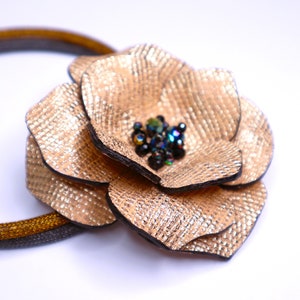 Big Gold Flower Choker Necklace with Crystal, Leather Floral Statement Collar Necklace, Large Flower Tie Necklace, Dainty Leather Jewelry image 2