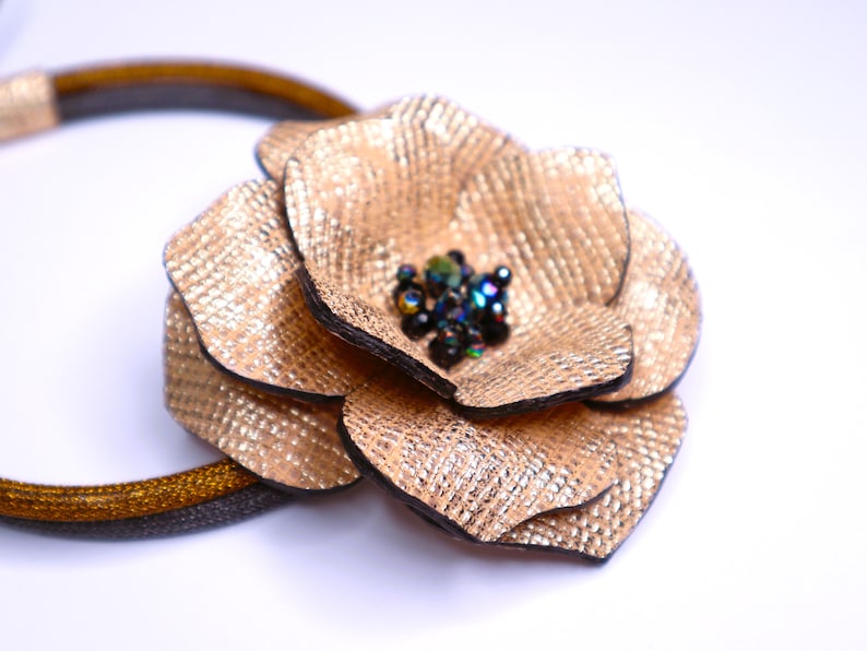 Big Gold Flower Choker Necklace with Crystal, Leather Floral Statement Collar Necklace, Large Flower Tie Necklace, Dainty Leather Jewelry image 2