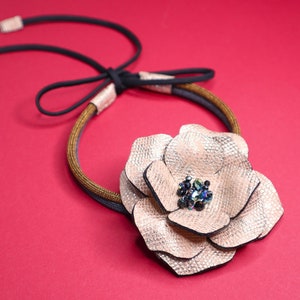 Big Gold Flower Choker Necklace with Crystal, Leather Floral Statement Collar Necklace, Large Flower Tie Necklace, Dainty Leather Jewelry image 3