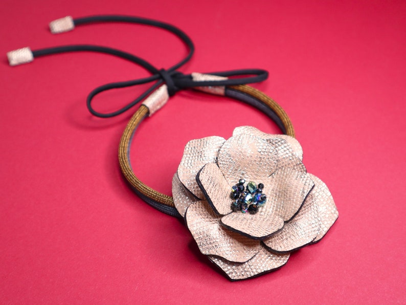 Big Gold Flower Choker Necklace with Crystal, Leather Floral Statement Collar Necklace, Large Flower Tie Necklace, Dainty Leather Jewelry image 3