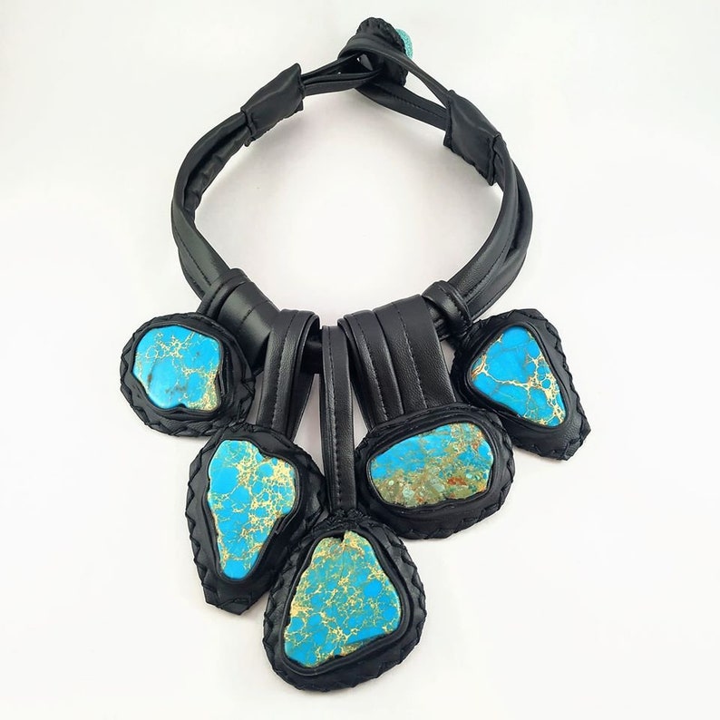 Turquoise Stones Necklace Black Statement Leather Necklace image 1
