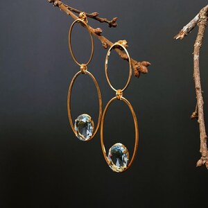 Gold Oval Dangle Earrings, Blue Crystal Drop Earrings, Minimalist 18k Gold Dainty Earrings, Statement Earrings, Wedding Jewelry image 4