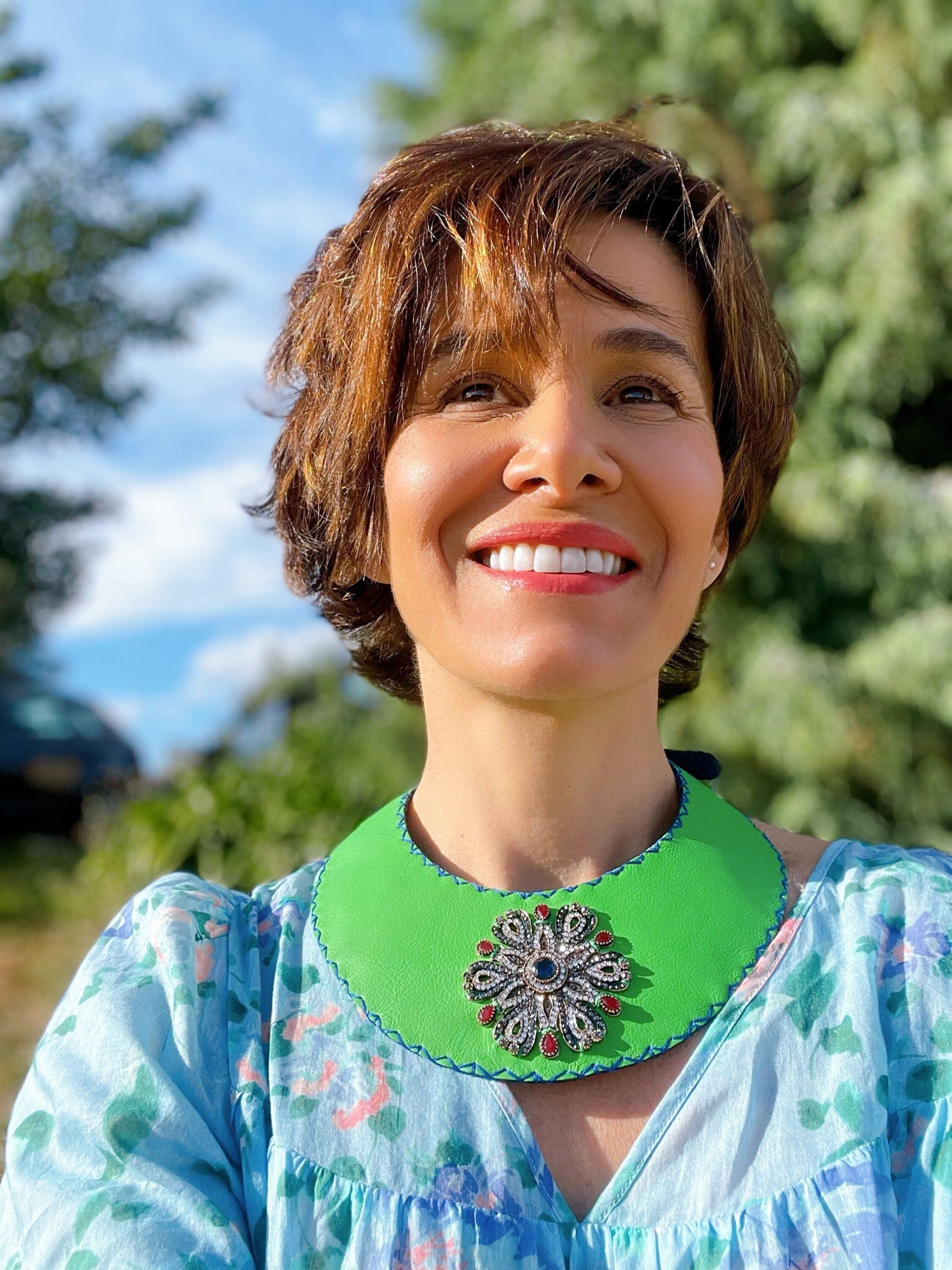 Green Leather Bib Necklace: Boho Rhinestone Medallion