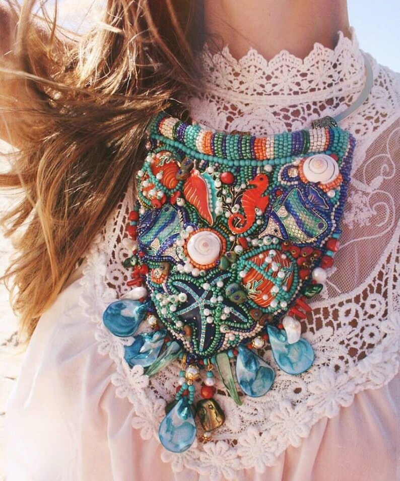 Bib Necklace Bead Embroidery Necklace Summer Necklace image 1