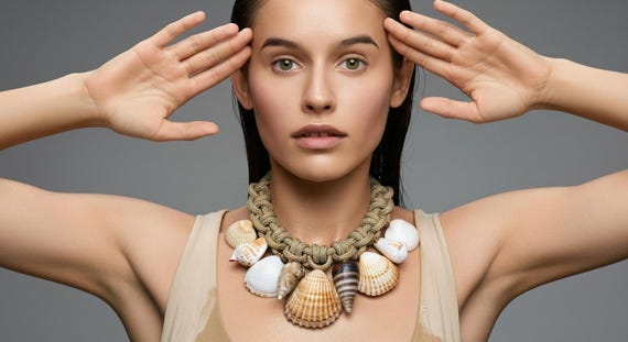 Chunky Seashell Pendant Necklace: Golden Adjustable Macrame, Summer Statement Jewelry