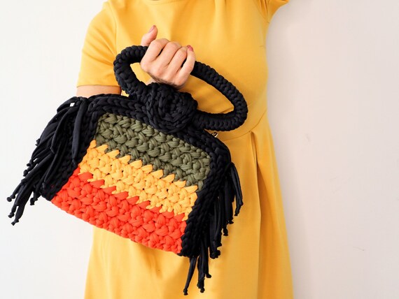 Handmade Multi Color Crochet Bag: Knitted Yarn Purse with Resin Handles